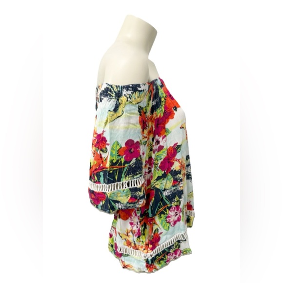 Westbound Petites PM Off Shoulder Floral Tropical Boho Peasant Blouse Top FLAW - Picture 2 of 9